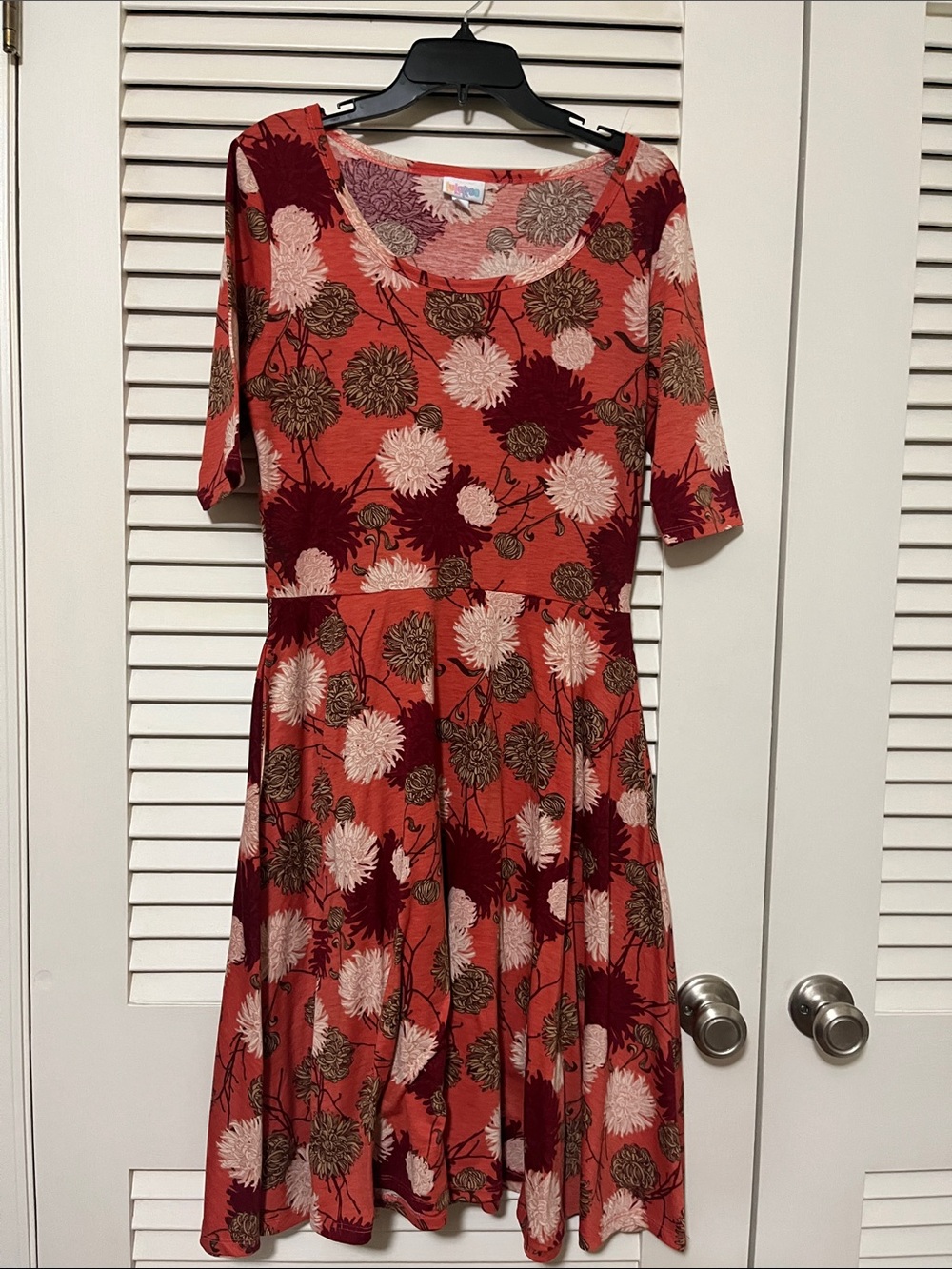 LuLaRoe Rust Red Floral Midi Dress with Cream & Brown Blooms